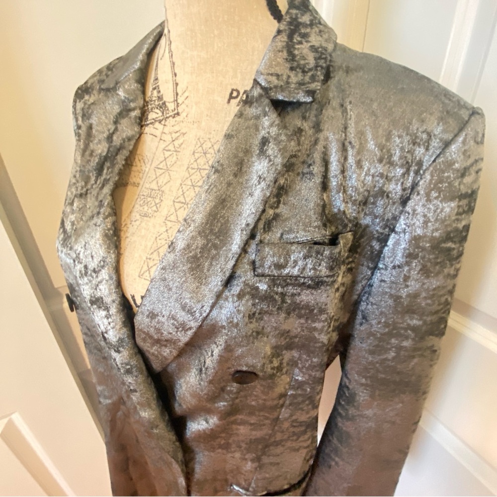 BCBG Blazer Metallic Silver Black double breasted long Size Large.